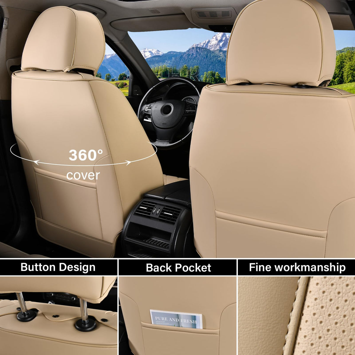 Coverado - Juego Completo de Fundas de Asiento de Automóvil, Impermeable, de Piel de napa para Asiento de Automóvil, Fundas de Asiento de Automóvil, Color Beige, Asientos Delanteros y Trasero, Ajuste Universal