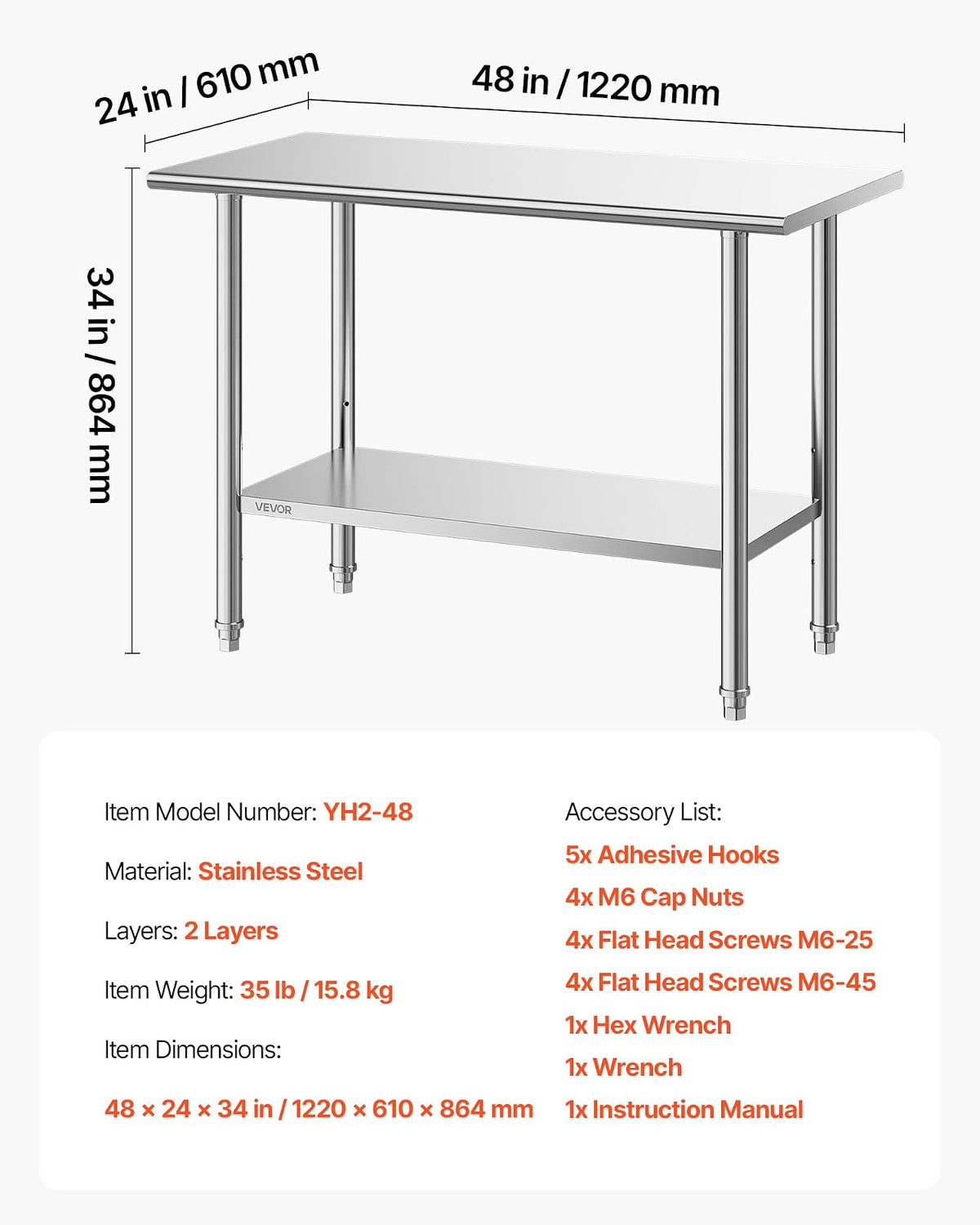 VEVOR Mesa de Preparación de 2 Niveles 122 x 61 x 86,4 cm, Mesa de Trabajo de Acero Inoxidable, con Estante Inferior Ajustable, Bordes Redondeados, para Restaurantes, Hoteles, Cocinas, Garajes