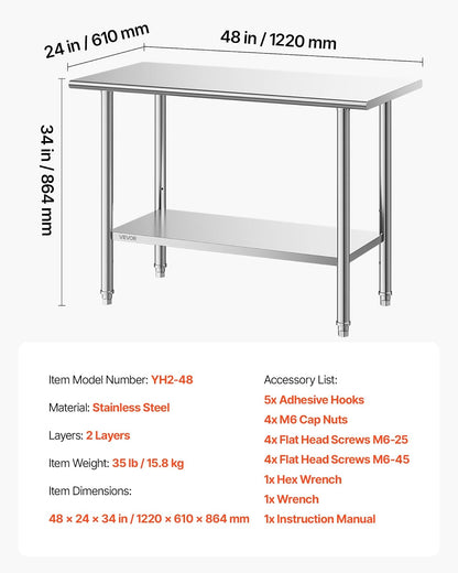 VEVOR Mesa de Preparación de 2 Niveles 122 x 61 x 86,4 cm, Mesa de Trabajo de Acero Inoxidable, con Estante Inferior Ajustable, Bordes Redondeados, para Restaurantes, Hoteles, Cocinas, Garajes