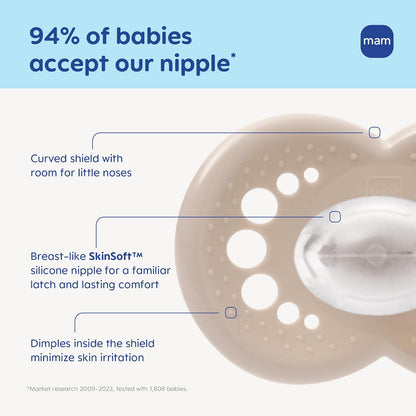 MAM - Chupones nocturnos originales para 6-16 meses, silicona sin BPA, brilla en la oscuridad, lo mejor para bebés recién nacidos, desarrollado con expertos médicos, 2 unidades, con estuche