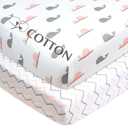 American Baby Company - Sábana bajera ajustable de punto de algodón 100% natural estampada, portátil o minicuna, con diseño de ballena rosa o zigzag