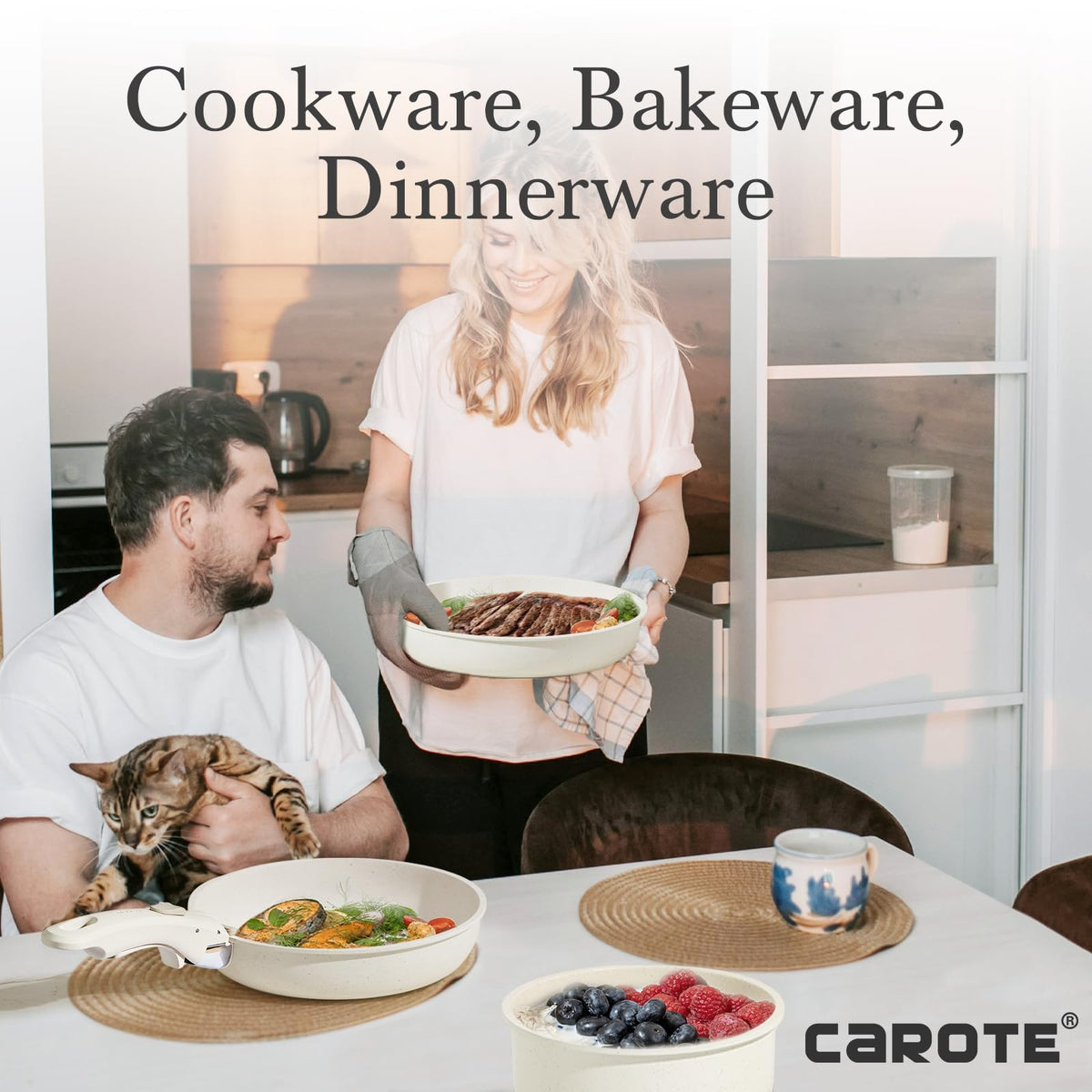 CAROTE – Batería de Cocina 21 Piezas Desmontable, Ollas y Sartenes Antiadherentes, Mango Extraíble, Blanco Crema, Compatible con Inducción, Gas y Horno