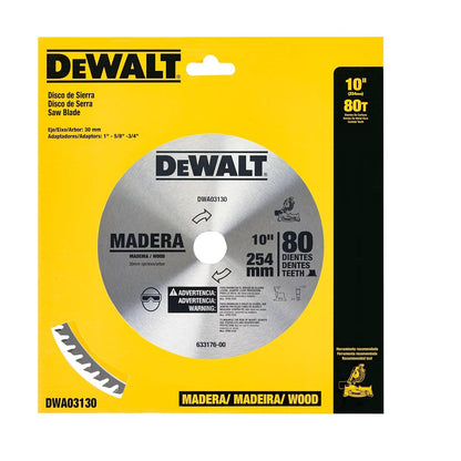 DEWALT Disco Sierra Circular 10 pul 254 mm 80 Dientes Carburo Para Madera y MDF DWA03130
