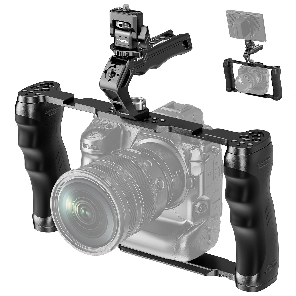 NEEWER Universal Jaula Cámara con Asa Superior & Montaje Monitor Zapata Fría, Arca Cámara Gimbal Estabilizador Video Rig, Manija Doble & 3/8" para ARRI Compatible con SmallRig Accesorio, CA016T+MA006