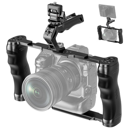 NEEWER Universal Jaula Cámara con Asa Superior & Montaje Monitor Zapata Fría, Arca Cámara Gimbal Estabilizador Video Rig, Manija Doble & 3/8" para ARRI Compatible con SmallRig Accesorio, CA016T+MA006