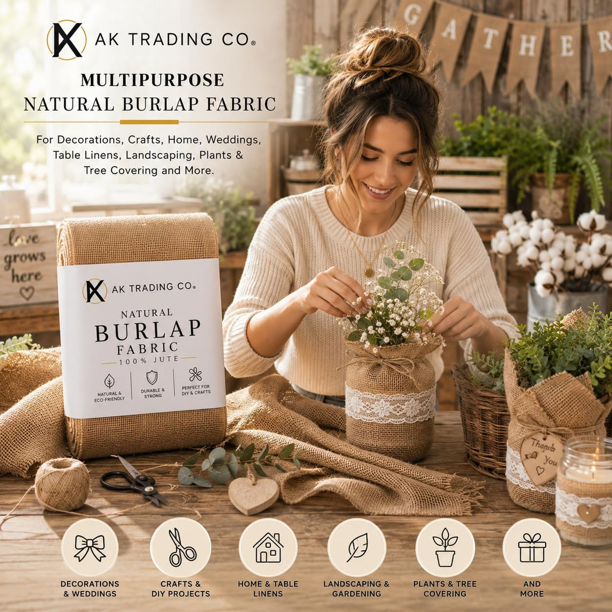 AK TRADING CO. 40 pulgadas de ancho x 10 yardas (30 pies) – Tela de arpillera natural multiusos – para decoración, manualidades, hogar, bodas, manteles, paisajismo, proyectos de jardín y mucho más