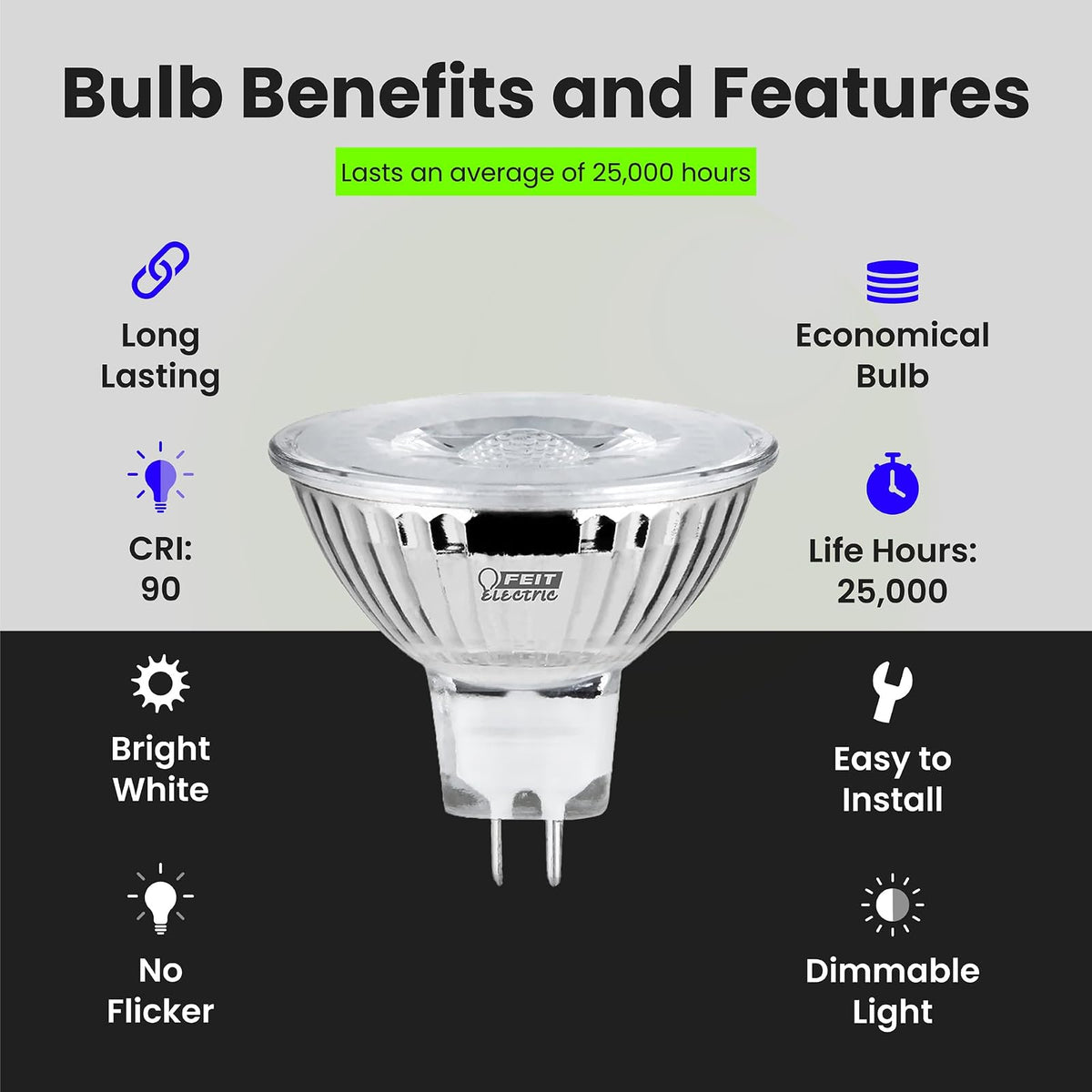 Feit Electric BPEXN/930CA/6 6.6 W 50 W Equivalente a 500 lúmenes MR16 GU5.3, 2 pulgadas de alto x 2 pulgadas de profundidad, 3000 K blanco brillante, 6 piezas