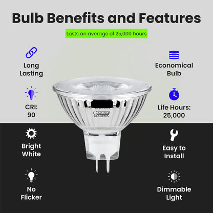 Feit Electric BPEXN/930CA/6 6.6 W 50 W Equivalente a 500 lúmenes MR16 GU5.3, 2 pulgadas de alto x 2 pulgadas de profundidad, 3000 K blanco brillante, 6 piezas