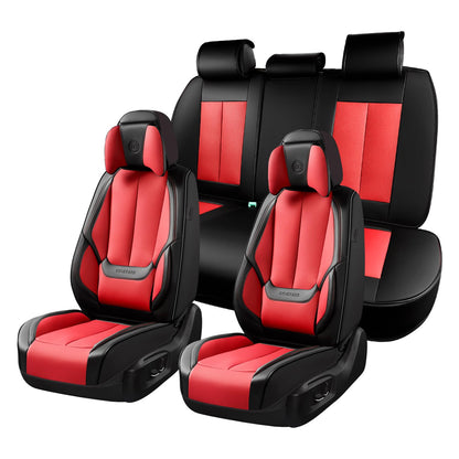 Coverado - Juego Completo de Fundas de Asiento de 5 Asientos para Automóviles, Fundas de Asiento de Automóvil Impermeables de Piel de napa con Almohada para la Cabeza, Protectores de Asiento de Automóvil, Ajuste - Negro y rojo (almohada) - FullSet