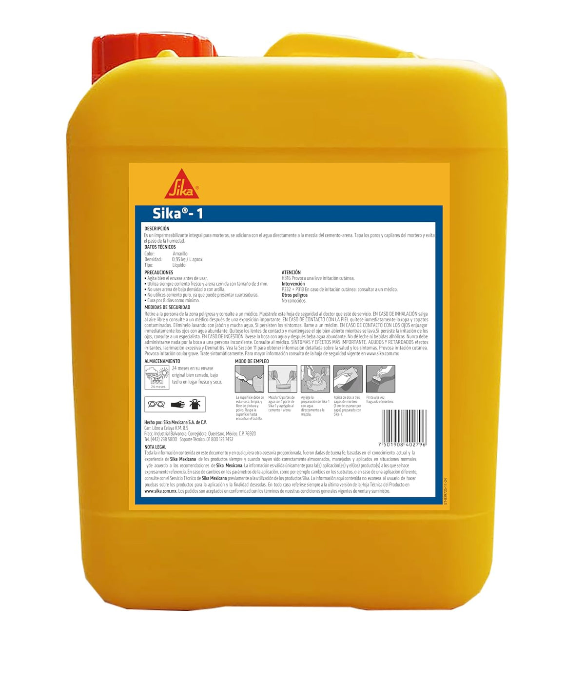 SIKA - Aditivo Líquido - Sika-1 - Impermeabilizante Integra para Morteros - Mortero Impermeable - Menos Grietas - Paredes Transpirables - Fácil de Aplicar - Pet 5 L - Color Viscoso Amarillo Líquido