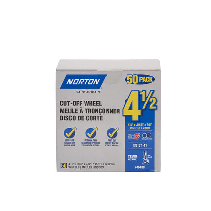 Norton - Juego de 50 ruedas cortadas, disco de corte de metal y acero inoxidable de alto rendimiento de 4 1/2 pulgadas, eje de 7/8 pulgadas, compatible con amoladoras angulares