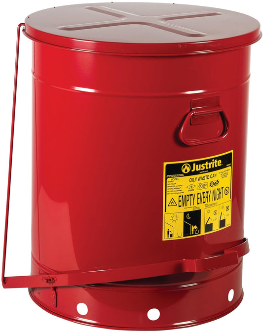 Justrite SoundGuard 09708 Steel Oily Waste Can with Foot Operated Cover, 21 Gallon Capacity, Red