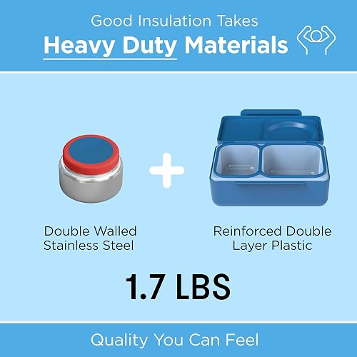 Omie OmieBox UP Bento Box para niños, lonchera aislada, tarro de alimentos térmico aislado al vacío a prueba de fugas, bolsa de hielo más fría, 2 compartimentos (azul cósmico)