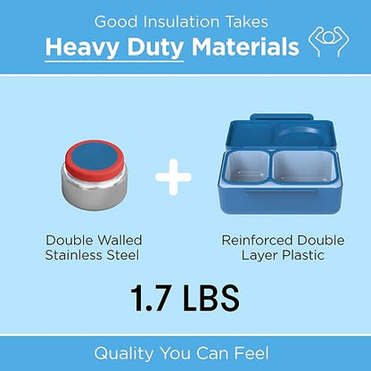 Omie OmieBox UP Bento Box para niños, lonchera aislada, tarro de alimentos térmico aislado al vacío a prueba de fugas, bolsa de hielo más fría, 2 compartimentos (azul cósmico)