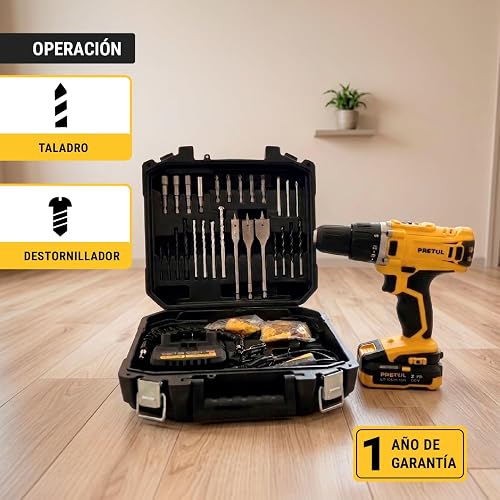 PRETUL TALI-20P2K, Kit taladro/destornillador 1/2", 20V con 32 accesorios