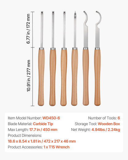 VEVOR 6 PCS Juego de Herramientas de Torneado para Madera Herramienta Hueca para Desbaste, Acabado y Detalle con Mango de Madera, Insertos de Carburo Redondos y Cuadrados de Diamante, Caja de Madera