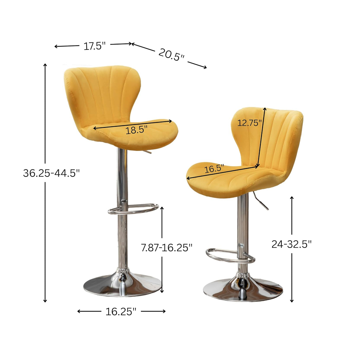 Roundhill Furniture Ellston - Taburetes giratorios de Terciopelo Ajustables en Amarillo, Juego de 2
