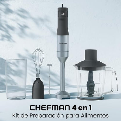 Chefman 4-in-1 Food Prep Kit - Batidora de Inmersión de Velocidad Variable, Procesador de Alimentos de 900 ml, Batidor de Globo y Espumador de Leche