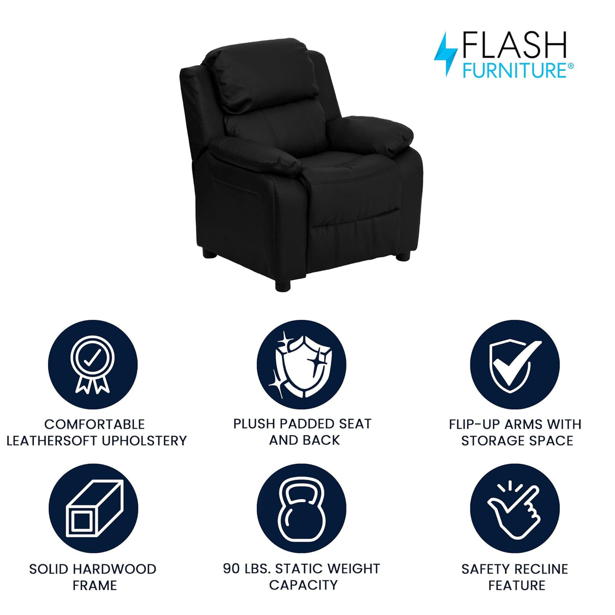 Flash Furniture - Sillón reclinable acolchado de lujo contemporáneo de cuero negro para niños con brazos de almacenamiento