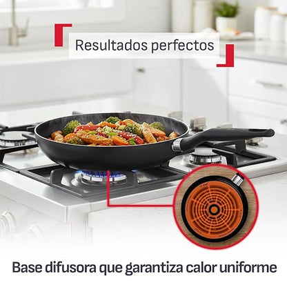 T-FAL Juego de sartenes easy cook negro cubierta antiadherente para una cocina fácil con indicador de calor thermo-señal y base de difusión. Medidas de sartén 20, 24 y 26 cm, B4440482AMAM