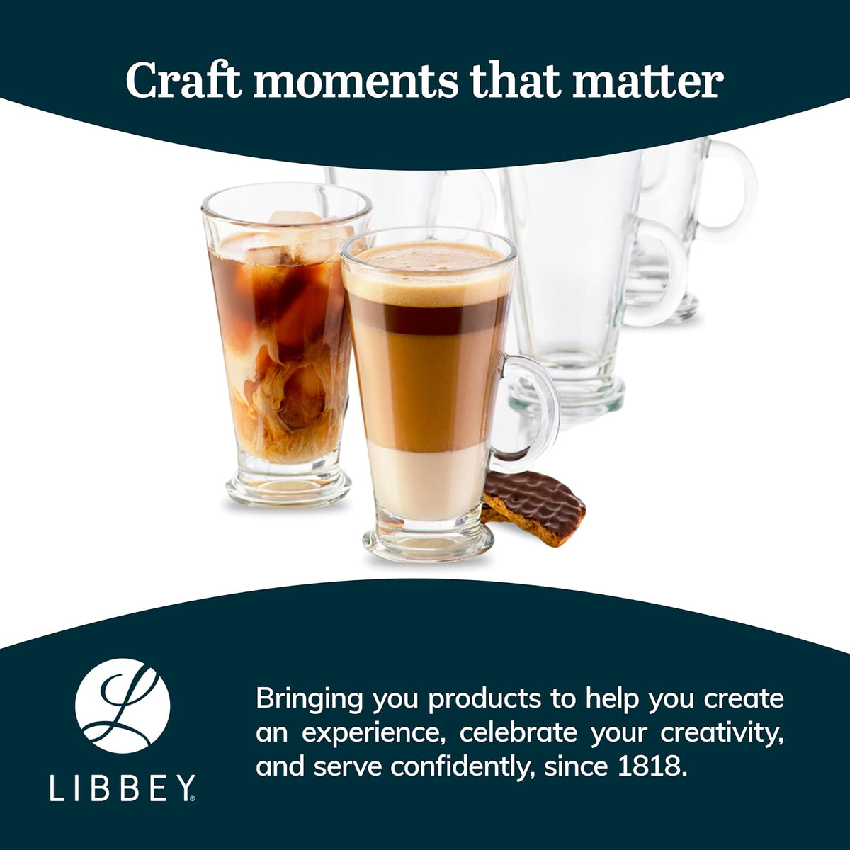 Libbey Catalina - Juego de 6 tazas de café irlandesas atemporales de vidrio con borde elevado, tazas de café de 9 onzas, elegantes tazas transparentes para café, batidos y más