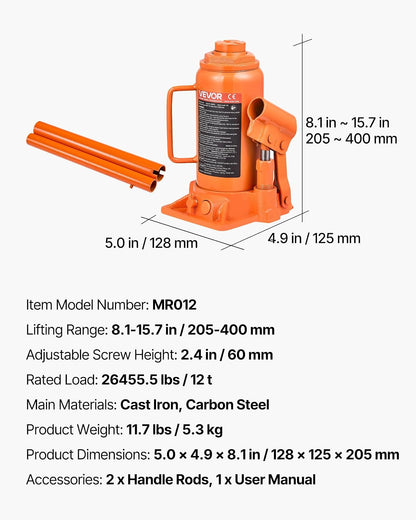 VEVOR Gato Hidráulico de Suelo 12 T, con Alcance de Elevación de 205-400 mm, para Automóviles, SUV, Camionetas, Talleres Mecánicos, Ascensores Domésticos y Maquinaria Agrícola, Naranja, 128 x 125 x 205 mm