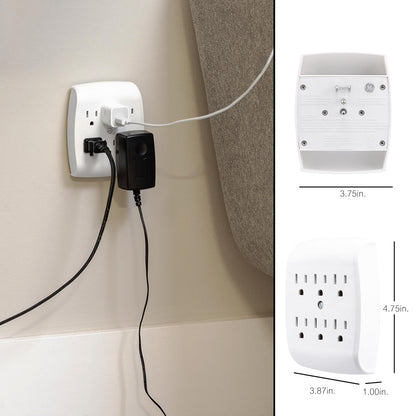 GE 6-Outlet Extender Wall Tap, 2 Pack, Grounded Adapter, Charging Station, 3-Prong, Secure Install, UL Listed, White, 46852