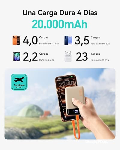INIU Power Bank, Pequeño 20000mAh 22,5W Carga Rapida Bateria Phone Externa | Cable USB C Desmontable, Apto para Avión, Esenciales de Viaje, Bateria Portatil para iPhone 17, Samsung, iPad, etc. [Beige]