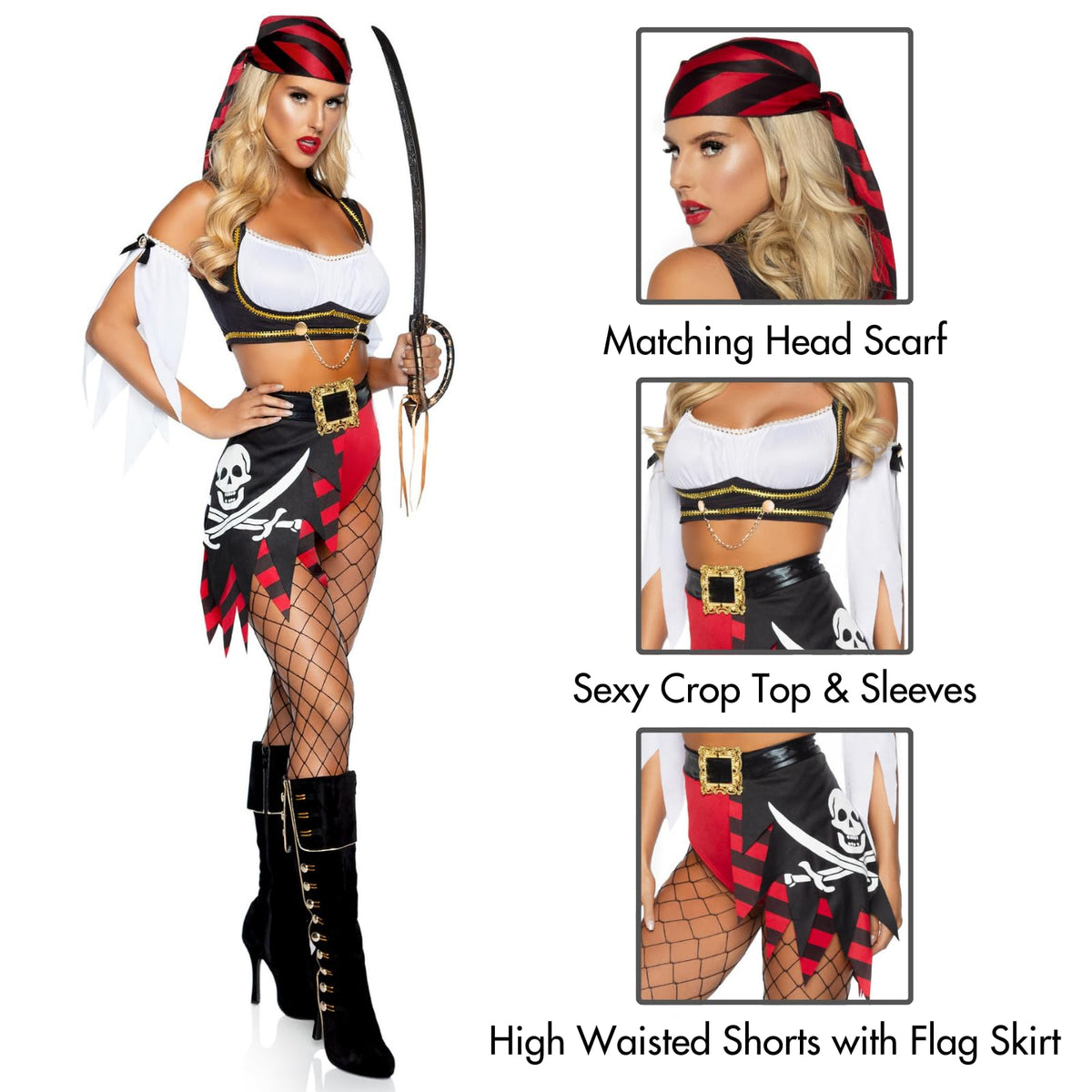 Leg Avenue Women's 4 Pc Wicked Pirate Wench Costume with Top, Sleeves, Scarf, Bottoms
