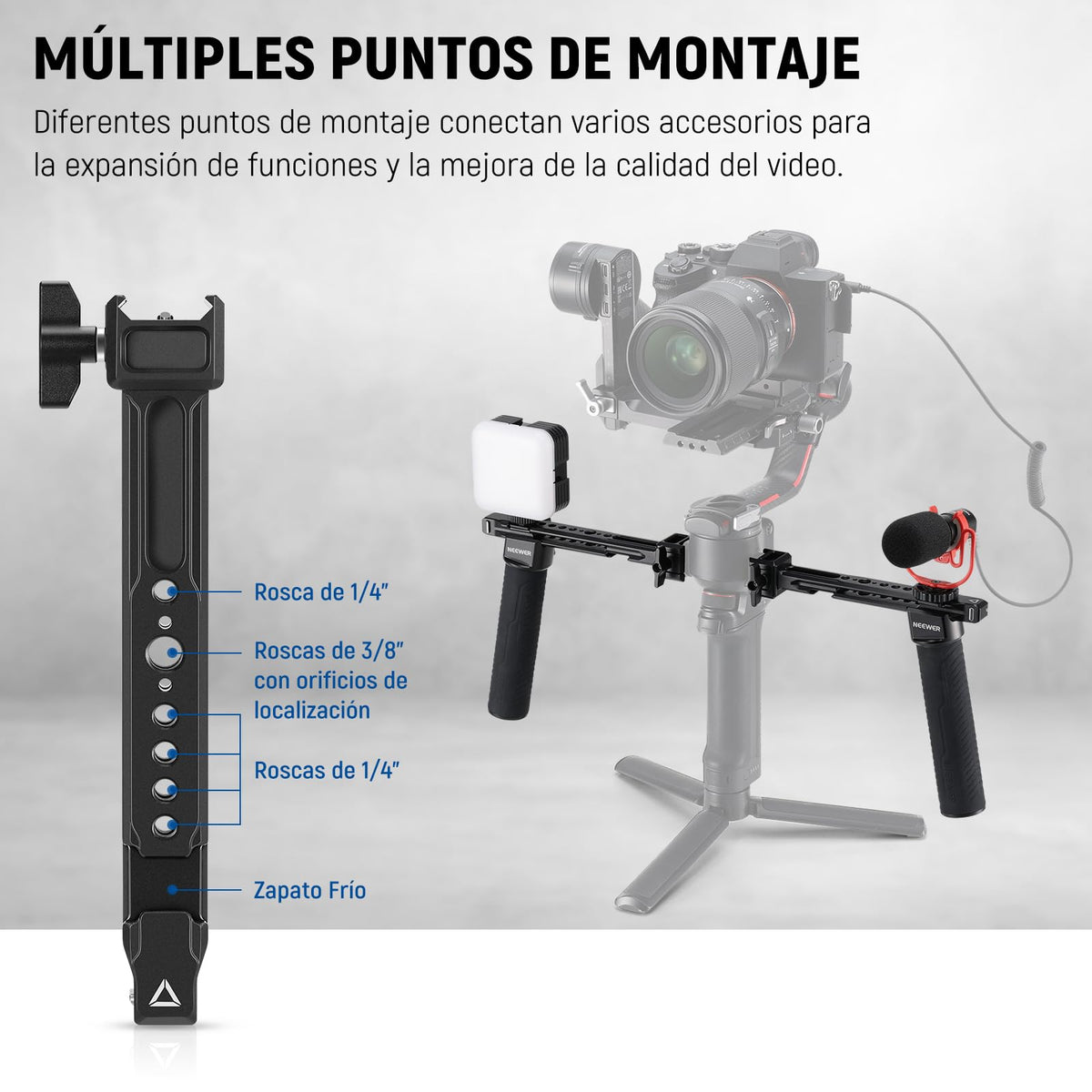 NEEWER Doble Mango Compatible con dji RS5 RS4 RS4 Pro RS3 RS3 Pro RS2 RSC2 Ronin S SC Gimbal, Kit Doble Mango con 2 Mini Rieles NATO, Abrazaderas NATO Liberación Rápida, Roscas de 1/4" y 3/8", GA006