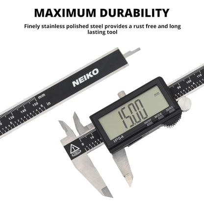 NEIKO 01401A Calibre digital electrónico de 6 pulgadas, acero inoxidable, pantalla LCD grande, conversiones de medición para pulgadas, milímetros y fracciones