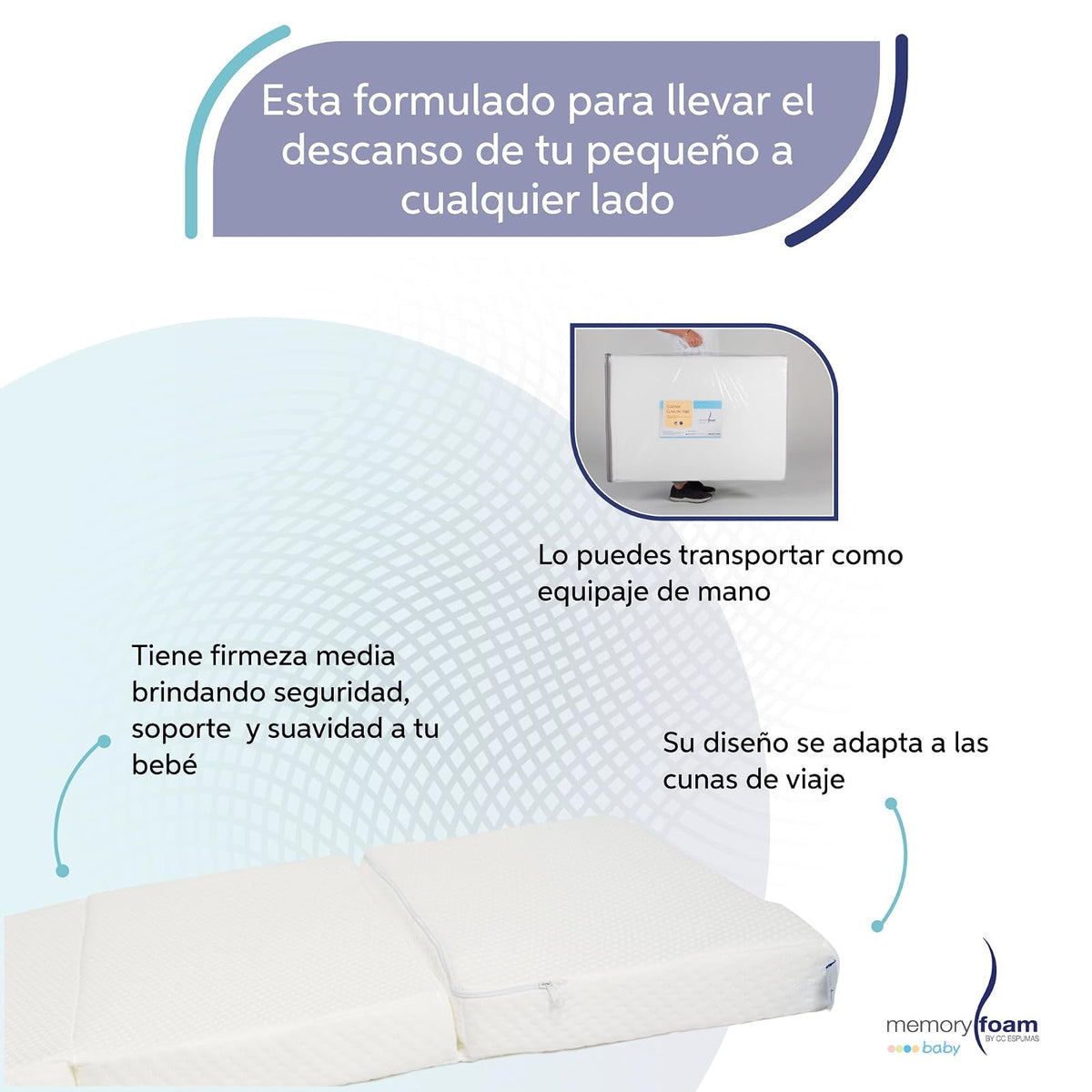 MEMORY FOAM BABY | Colchón de Cuna de Bebé Para Viaje Plegable - Firmeza Media - Blanco - 102 x 71 x 6 cm - Hecho de Espuma de Poliuretano