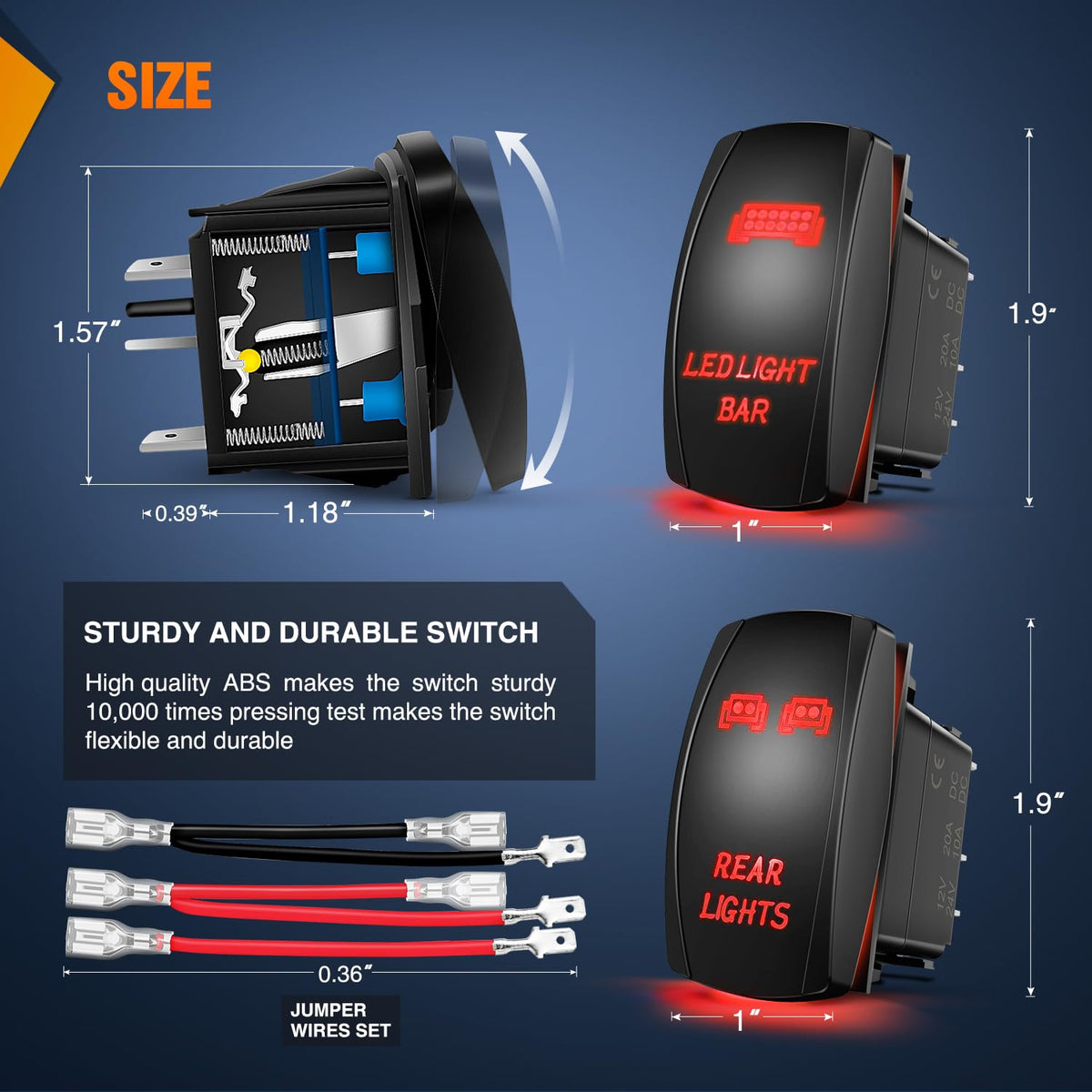 Nilight - Juego de 2 luces traseras, interruptor , barra de luz LED de 5 pines, interruptor SPST, 20 A/12 V, 10 A/24 V, LED rojo con cable de puente para coches, camiones, barcos, vehículos