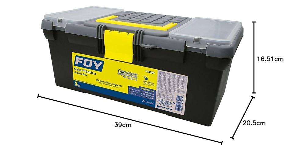 Foy 143201 Caja portaherramientas plástica con broches plásticos y organizador 16" x 7" x 6"
