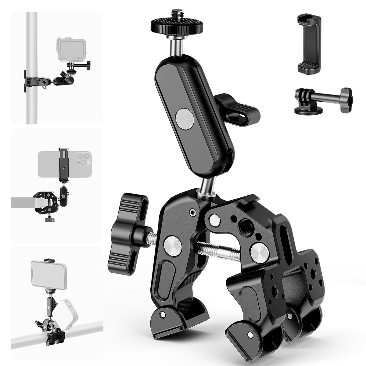 NEEWER Super Clamp con 3" Brazo Mágico Doble Cabeza Esférica, Phone Clamp Cámara con Roscas 1/4" 3/8", Soporte Teléfono, Adaptador Cámara Acción Compatible con GoPro dji iPhone 16 15 Pro MAX, ST88