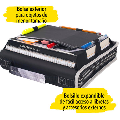 Five Star Carpeta de Tela con Cierre de 2" de 3 Argollas, Panel y Archivo Expandible y Organizador, Capacidad 580 Hojas. Negro-Gris. 29052IT8