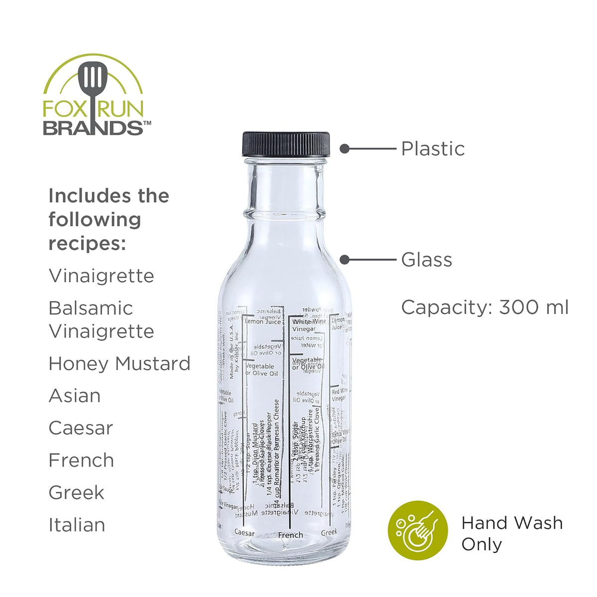 Fox Run - Botella de vidrio para aderezo para ensaladas, 300 ml/10.1 oz con medidas y recetas