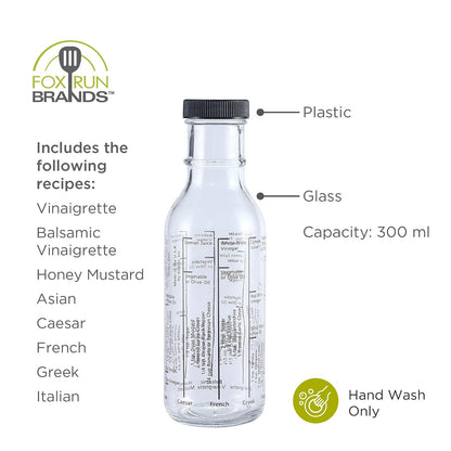 Fox Run - Botella de vidrio para aderezo para ensaladas, 300 ml/10.1 oz con medidas y recetas