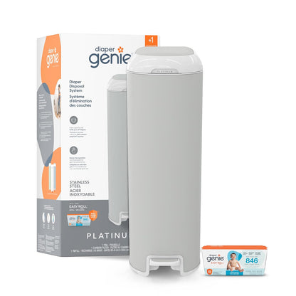 Diaper Genie Platinum Pail (gris piedra) está fabricado en acero inoxidable duradero e incluye 1 recambio de rollo fácil con 18 bolsas que pueden durar hasta 5 meses.
