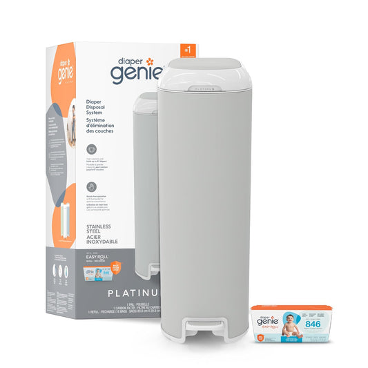 Diaper Genie Platinum Pail (gris piedra) está fabricado en acero inoxidable duradero e incluye 1 recambio de rollo fácil con 18 bolsas que pueden durar hasta 5 meses.