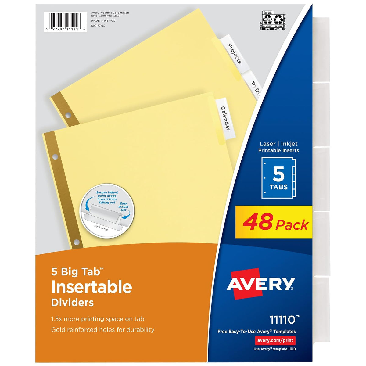 Avery - Divisores insertables para carpetas de 3 anillos, juegos de 5 pestañas, pestañas grandes transparentes, papel pulido con agujeros reforzados dorados, 48 juegos en total, ideal para organizar