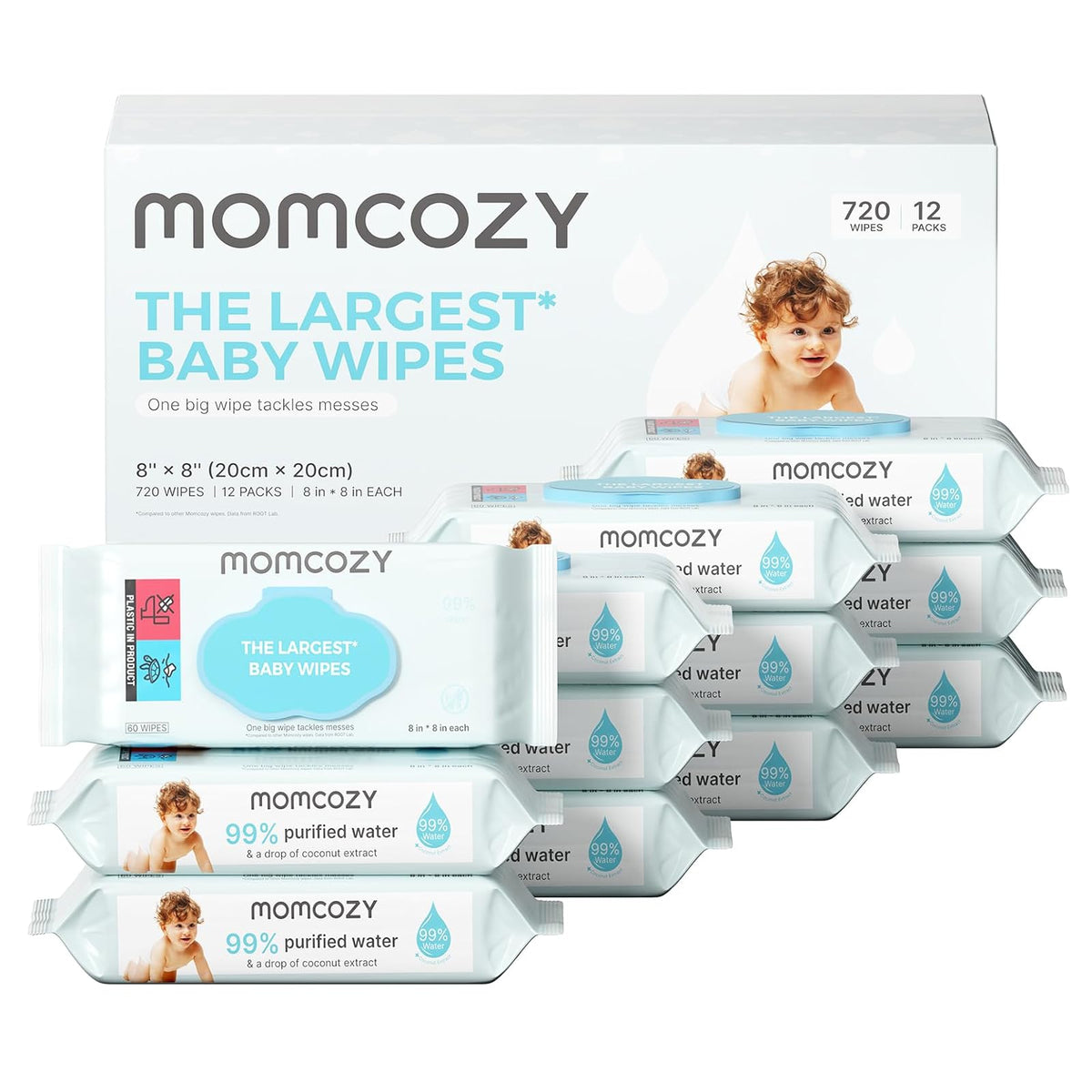 Momcozy Toallitas Húmedas para Bebé Extragrandes, 99% Agua, 480 Piezas - 60 Count (Pack of 12)