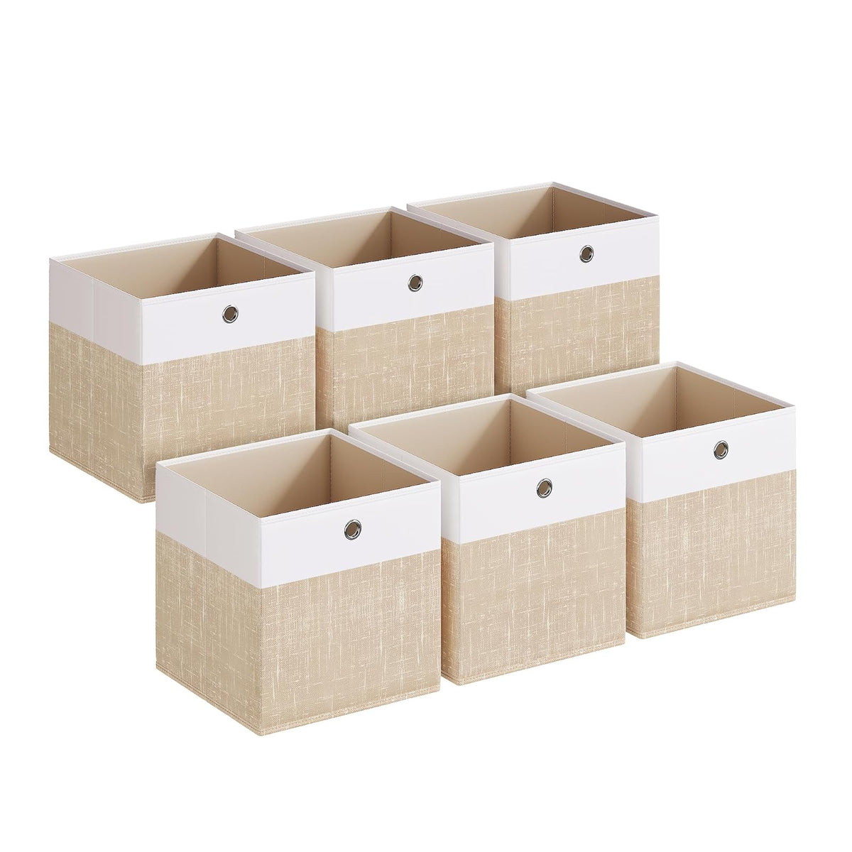 SONGMICS Cajas Organizadoras de Tela, 6 Piezas, 33 x 33 x 33 cm | Cubos de Almacenamiento Plegables, para Clóset, Blanco y Beige, Colección TINA MRFB433LF02