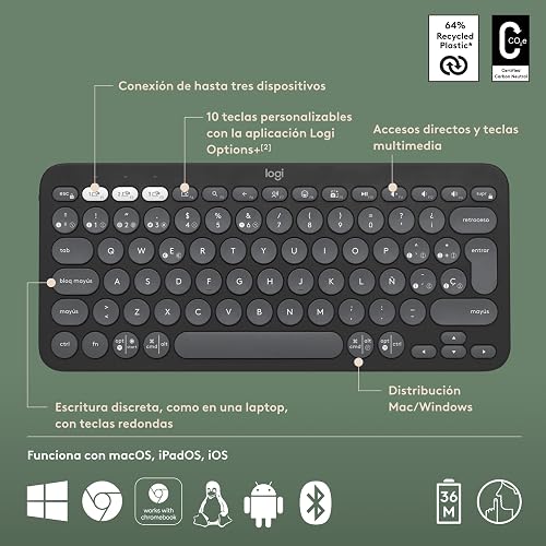 Logitech Pebble Keys 2 K380s, Teclado Bluetooth multidispositivo, accesos directos, estilizado y Portable, Easy-Switch, Windows, macOS, iPadOS, Android, ChromeOS - Grafito