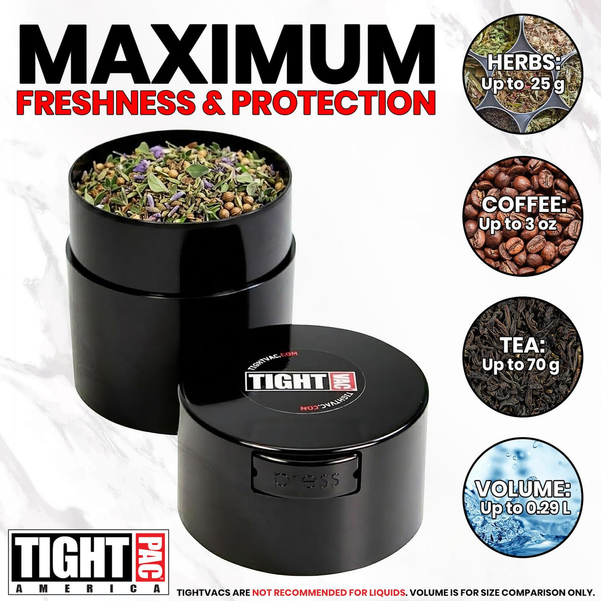 Tightvac – 14 g a 85 g hermético, multiusos, Sello de vacío, contenedor de almacenamiento portátil para artículos secos, comida, y hierbas, Negro sólido, .29-Liter/9-Fluid Ounce, 1