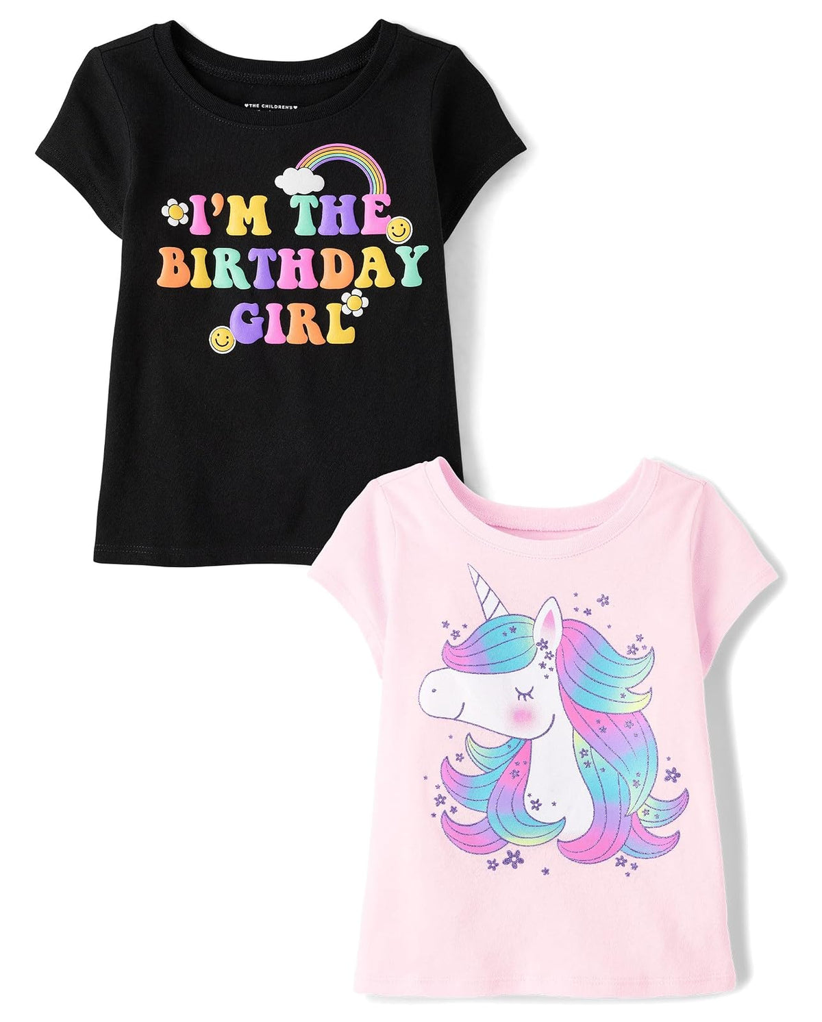 The Children's Place - Camisetas de Manga Corta para Uso Diario variadas para bebés y niños pequeños, multipaquetes - 5T - Cumpleaños - Unicornio Paquete de 2