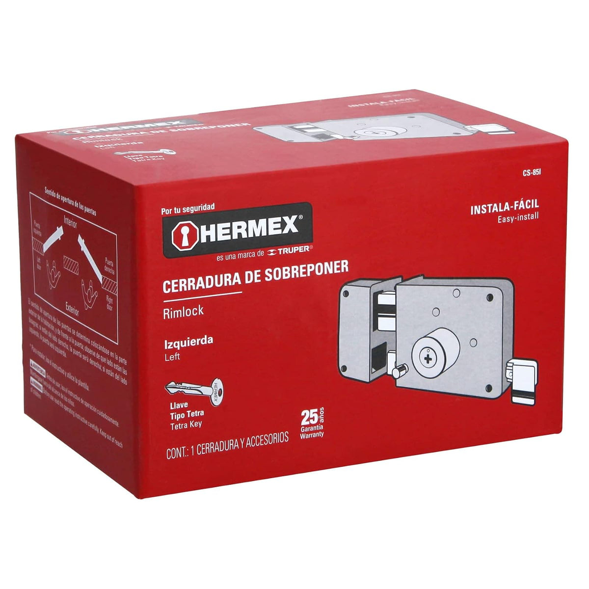 Hermex CS-85I, Cerradura de sobreponer, clásica, instala-fácil, tetra, izq.