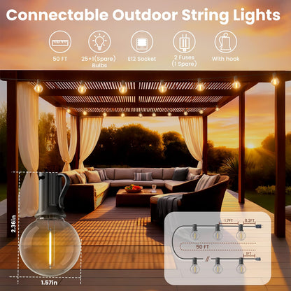 RTTY - Cadena de luces LED para exteriores de 50 pies, G40 con 26 bombillas, impermeables, inastillables, regulables, conectables, para colgar para café, bistro, patio trasero, cenador, balcón,