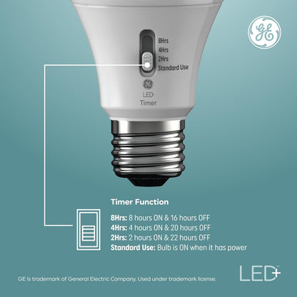 GE LED+ Timer A19 - Bombillas LED con temporizador automático incorporado, 8 W, blanco suave (paquete de 4)