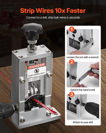 VEVOR Peladora de Cables Manual con Marco de Aleación de Aluminio 1,5-25 mm Pelacables con Manivela o Taladro, Cuchillas Templadas de 64 Mn, Rodillos de Acero para Reciclaje de Chatarra de Cobre